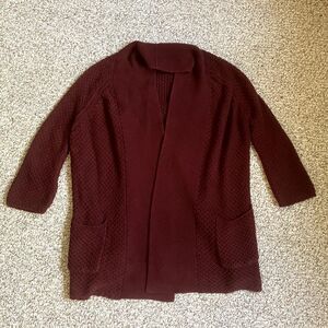 Lucky Brand Womens Knit Cardigan Size L Open Front Pockets Red Boho 3/4 Sleeve